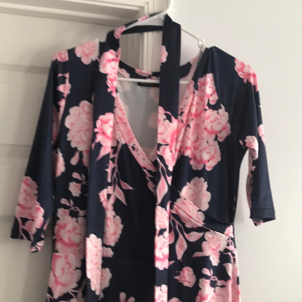 Long blue pink floral dress. Wrap type look
